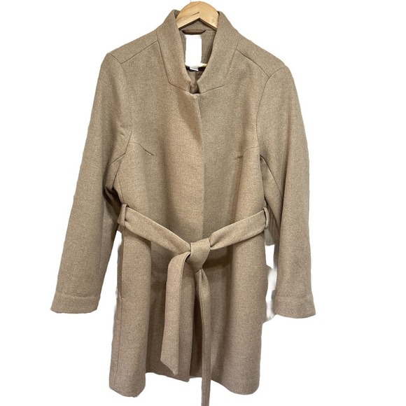 H & M Wool Blend Knee Length Coat Women's XL Beige Classic Travel Tie Waist - Picture 1 of 12